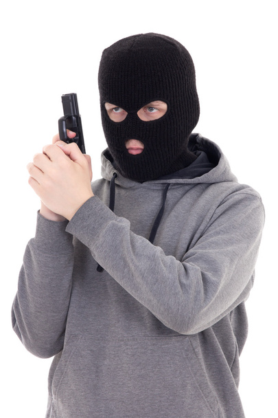 uomo in maschera con la pistola isolata su bianco - Foto, immagini