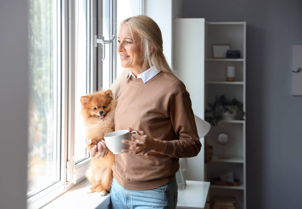 Femme mûre avec chien poméranien et tasse de café près de la fenêtre à la maison - Photo, image