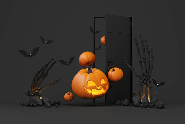 Gelukkige Halloween spandoek of uitnodiging voor een feestje. oranje thema product display podium op de achtergrond met een groep vleermuis en Jack O Lantern pompoen en hand skelet met schedel. 3d weergave illustratie - Foto, afbeelding