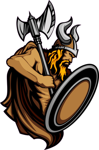 Viking norseman μασκότ στέκεται με τσεκούρι και ασπίδα διανυσματική εικόνα - Διάνυσμα, εικόνα