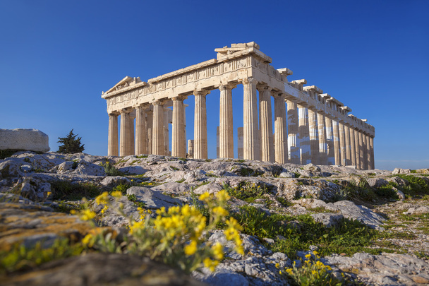 Templo de Partenón con flores primaverales en la Acrópolis de Atenas, Grecia
 - Foto, Imagen