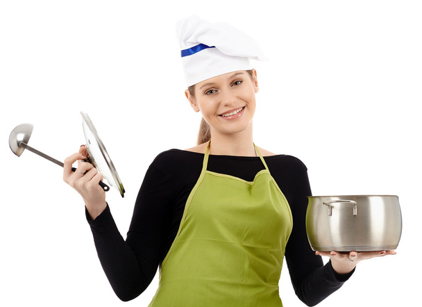 Young woman cook with pot and soup ladle - Foto, immagini