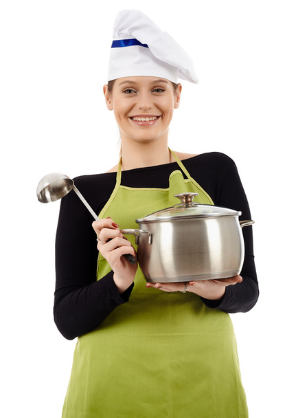 Young woman cook with pot and soup ladle - Fotoğraf, Görsel