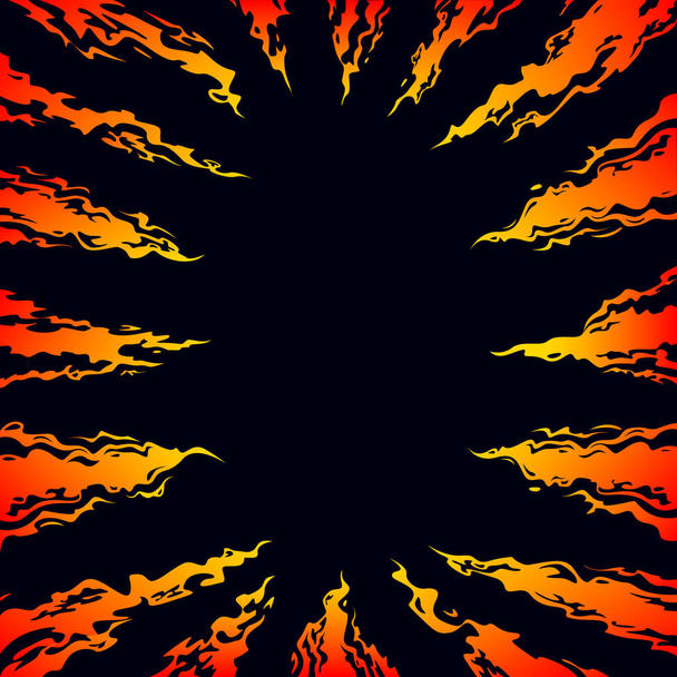 Tongues of fire directed to the center on a black background. Comic fantasy fire flame backgrounds. Design template page. Hand drawn vector art - Vector, Image