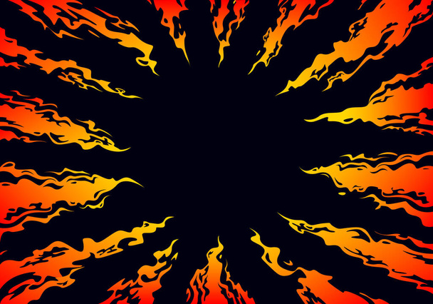 Tongues of fire directed to the center on a black background. Comic fantasy fire flame backgrounds. Design template page. Hand drawn vector art - Vector, Image