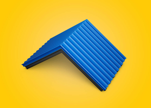 3d μπλε μεταλλικό ζαρωμένο γαλβανισμένο σίδηρο για τα φύλλα οροφής σε κίτρινο φόντο 3d εικονογράφηση - Φωτογραφία, εικόνα