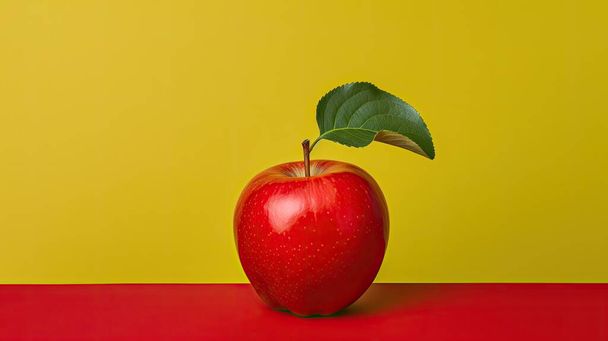 maçã vermelha em uma folha vermelha em um fundo laranja. - Foto, Imagem