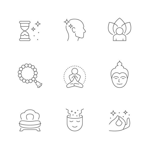 Set line icons of meditation isolated on white. Chair, time, rosary or mala beads, Buddha, hand pose, yoga, asana, enlightenment, wellness, relaxation, lotus pose, zen. Vector illustration - Vector, Image