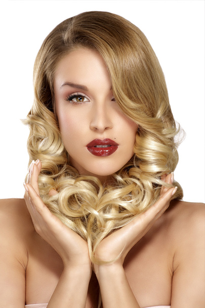 Beautiful young blond model curly hair posing - Fotó, kép