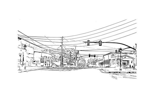 Print Вид на здание с достопримечательностью Розуэлла - город в Нью-Мексико. Ручной рисунок в векторе. - Вектор,изображение