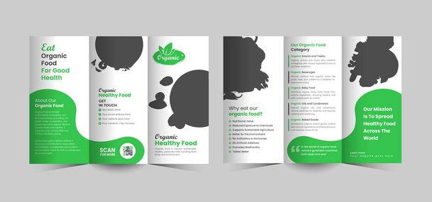 Органічний дизайн магазину здорової їжі триразовий дизайн брошури, шаблон брошури з зеленою їжею триразове меню для ресторану, шаблон брошури з біопродуктами триразовий або шаблон брошури з органічною їжею триразовий - Вектор, зображення