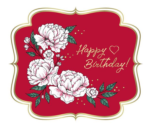 Joyeux anniversaire carte avec bordure de fleurs sur fond rouge. - Vecteur, image
