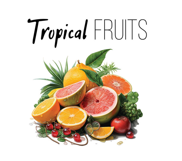 Fruit pile set. Vector illustration of banners with various tropical fruits isolated on white background. Fresh food in cartoon flat style. - Vector, Image