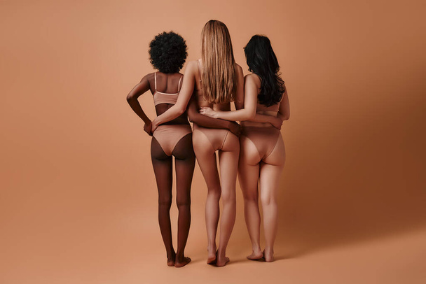 Visão traseira de mulheres multiétnicas em lingerie bege com corpos perfeitos em pé contra fundo bege abraçando uns aos outros. Depilação e depilação, cuidados com o corpo, cosmetologia e tratamentos de spa. - Foto, Imagem