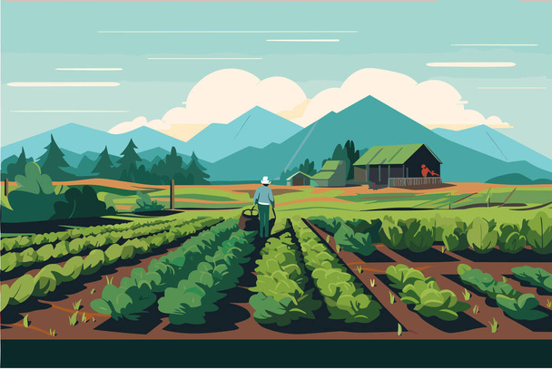 Сельское хозяйство, работа в поле, уборка урожая, солнечный день, векторная плоская иллюстрация. - Вектор,изображение