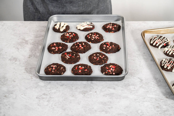 Erimiş beyaz çikolata serpiştirilmiş taze çikolatalı kurabiyeler ve naneli cipsler.. - Fotoğraf, Görsel