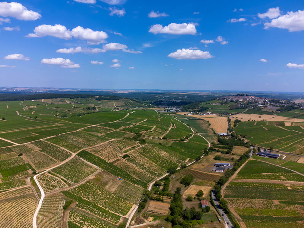 Luftaufnahme der hügeligen Weinberge der Appellation Sancerre Chavignol, Departement Cher, Frankreich, mit Blick auf das Iver-Loire-Tal, bekannt für seinen weißen Sancerre trockenen Savignon Blanc-Wein - Foto, Bild