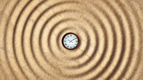 Сюрреалистичное изображение часов, создающих рябь в песке. Дидлайн и выжидательная концепция. This is a 3d render illustration. - Фото, изображение
