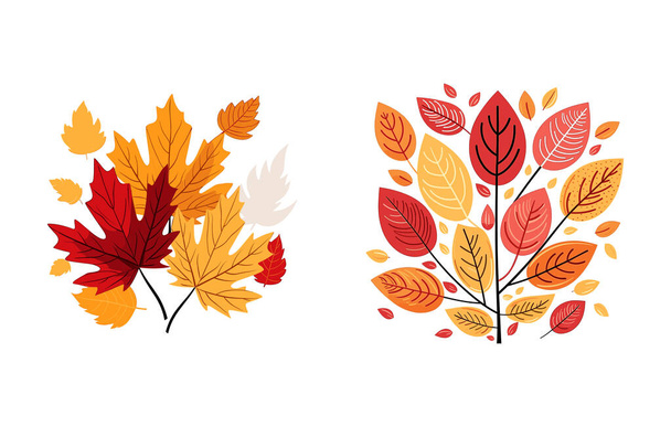 Helló ősz, őszi levelek lapos, színes levelek elszigetelt készlet, őszi elemek, őszi zászló, vektor illusztráció - Vektor, kép