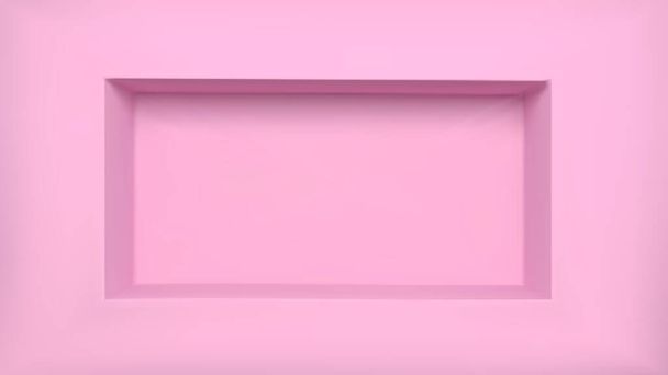 Vaaleanpunainen kapealla seinähylly. 3d tyhjä museo syvennys laatikko sisustus näyttää tuotteen. Store showcase exposition frame mockup mainontaa varten. Moderni realistinen pastelli kauppa avoin teline reikä leveä käsite. - Vektori, kuva