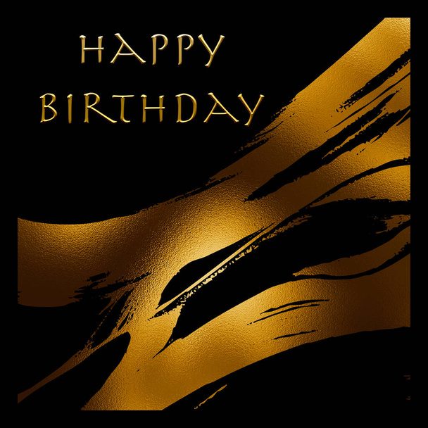 Feliz cumpleaños diseño de la tarjeta. Formas abstractas doradas sobre fondo negro - Foto, imagen