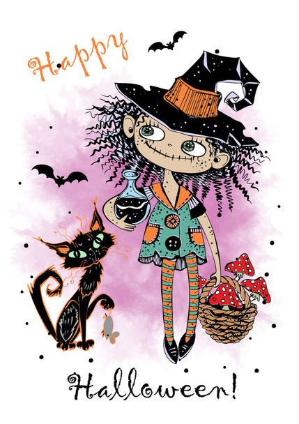 Roztomilá malá čarodějka s černou kočkou a muchomůrkou. Halloween. Vektor. - Vektor, obrázek