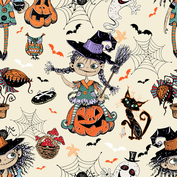 Bezproblémový vzor na téma Halloween s malými dívkami čarodějnice dýně a různé hororové prvky. Vektor. - Vektor, obrázek
