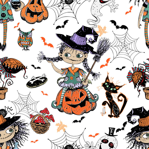 Bezproblémový vzor na téma Halloween s malými dívkami čarodějnice dýně a různé hororové prvky. Vektor. - Vektor, obrázek