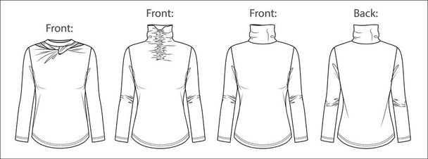 Vector turtle neck long sleeved t shirt fashion CAD, woman winter top with frill details technical drawing, template, sketch, flat, mock-up. Jersey or rib fabric top with front, back view, white color - Vector, Image