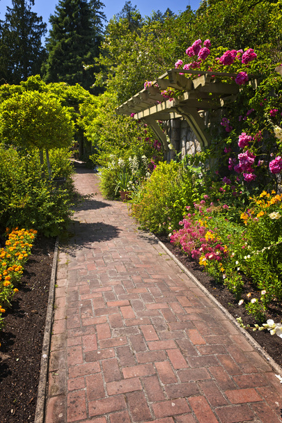 Flower garden with paved path - Фото, изображение