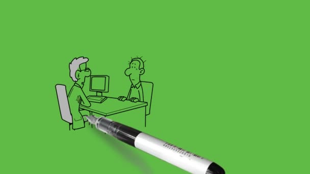 disegnare due giovani seduti sulla sedia con il computer discutere alcuni punti di lavoro sul tavolo centrale vedere altra persona dall'esterno con contorno nero su sfondo astratto schermo verde - Filmati, video