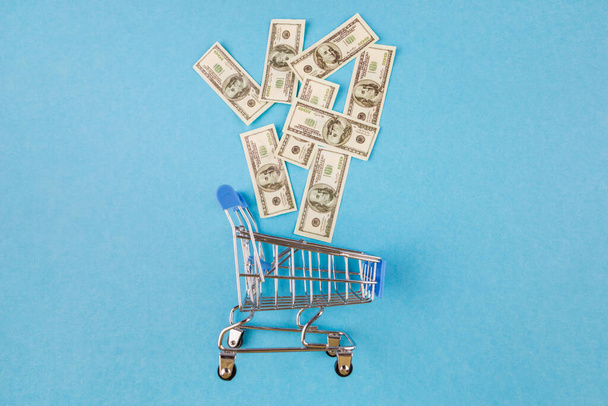 Dollar in einem Einkaufswagen vor blauem Hintergrund. Das Konzept von Einkaufen, Promotionen, Rabatten. - Foto, Bild