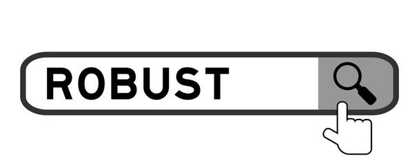 Pesquisa banner em palavra robusto com mão sobre ícone de lupa no fundo branco - Vetor, Imagem