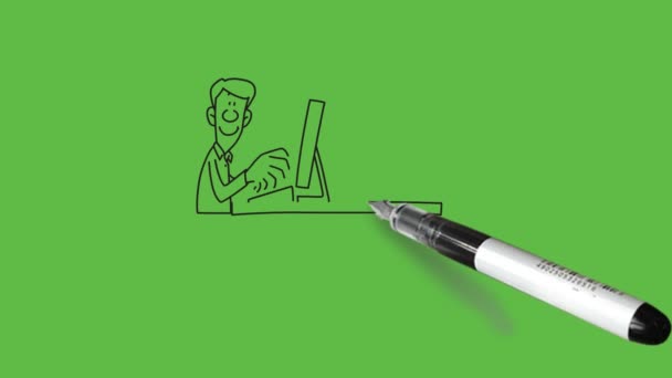 piirtää nuori mies ja nainen istua toistensa edessä säädettävällä työtuoli tehdä työtä tietokoneen paikka keskustassa pöydälle musta ääriviivat abstrakti vihreä näyttö tausta  - Materiaali, video