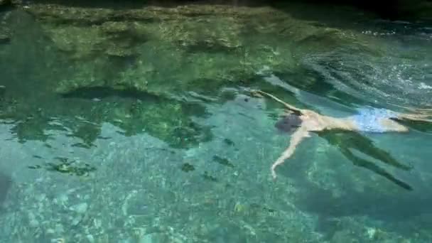 Muž plave pod vodou v horském kaňonu řeky Cijevna v Černé Hoře s křišťálově čistou modrou vodou pro osvěžení v horkém letním dni na dovolené. Běloch plavající ve studené říční vodě. Aktivní - Záběry, video