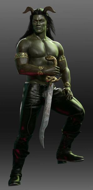 Sexy Fantasy Orc Male Warrior Barbarian with Green Skin, Shirtless, Buff, Muscular - Photo, Image