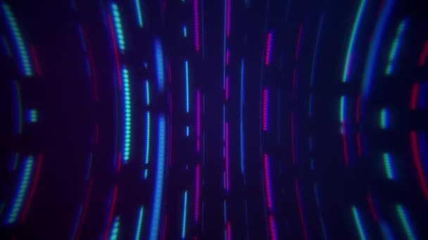 Trendy sfondo cyberpunk retrò con linee fluorescenti rosa e blu al neon, linee tratteggiate e punti che si muovono lungo la cornice. Full HD, looping animazione di sfondo movimento astratto. - Filmati, video