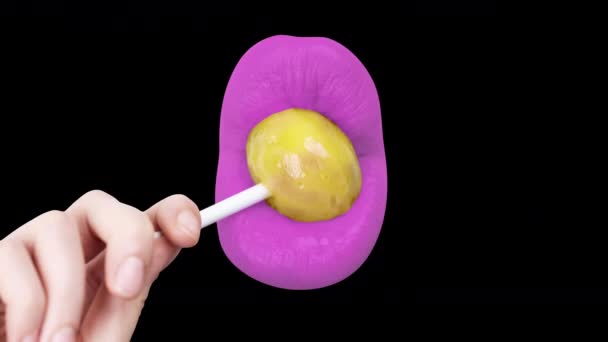ausgeschnittene weibliche Lippen saugen an einem Lutscher auf grünem Bildschirm - Filmmaterial, Video