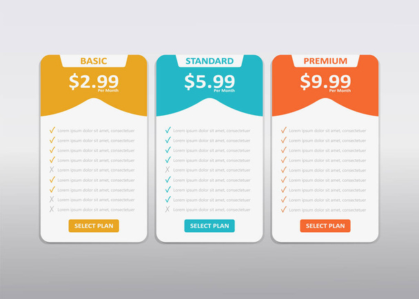 Plan de precios de infografía limpia. Cuadro comparativo minimalista del plan de precios para la interfaz web y móvil - Vector, Imagen
