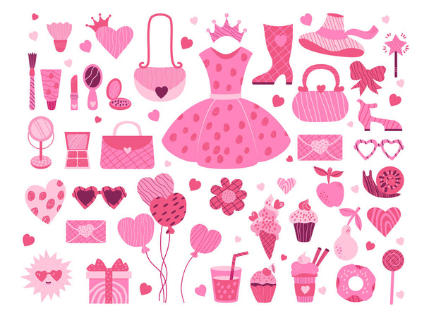 Vaaleanpunainen esteettinen barbiecore kokoelma. Eristetty hohdokas elementit tarvikkeet, vaatteet, kosmetiikka, ruoka, makeisia, lahja ja ilmapalloja tyttö prinsessa. Vektori kuvitus koriste käsin piirretty tyyli - Vektori, kuva