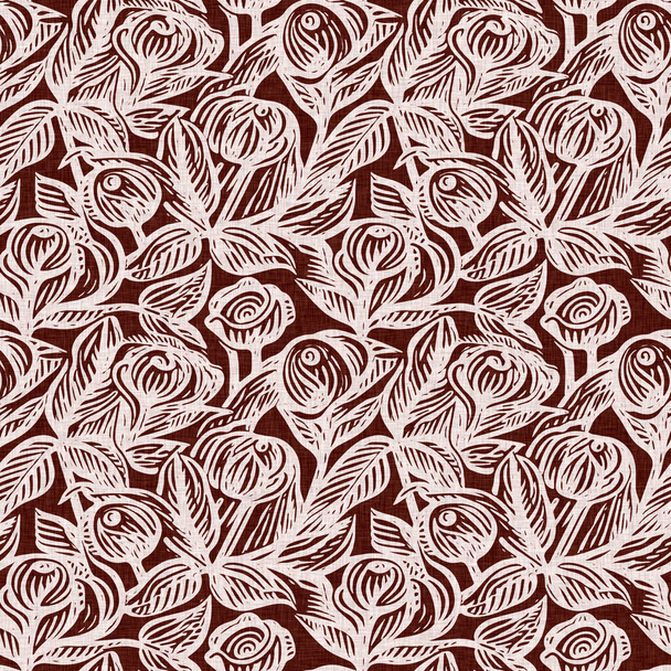 motif sans couture en lin imprimé floral de campagne rouge marron. Impression Allover de coton intérieur chalet français effet fleur tissu fond - Photo, image