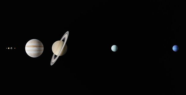 Zonnestelsel in de ruimte met Zon en planeten: Mercurius, Venus, Aarde, Mars, Jupiter, Saturnus en Uranus. Elementen van deze afbeelding geleverd door NASA.  - Foto, afbeelding