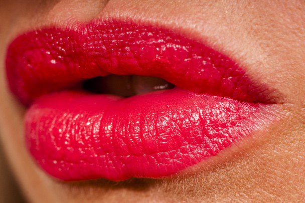 Beautiful woman with red shiny lips close up - Photo, Image