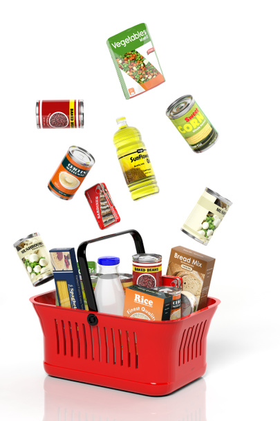 Полная корзина с продуктами, изолированными на белом
 - Фото, изображение