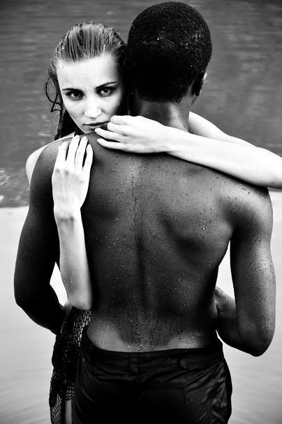 Fashion photo of romance of sexy lovers,pretty white woman with black sexy man - Photo, Image