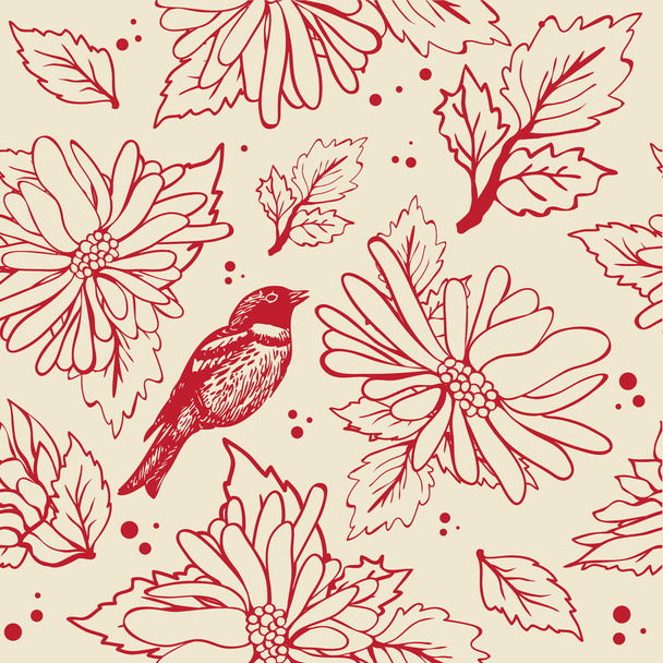 Bird sitting on the flower branch, hand drawn illustration - Zdjęcie, obraz