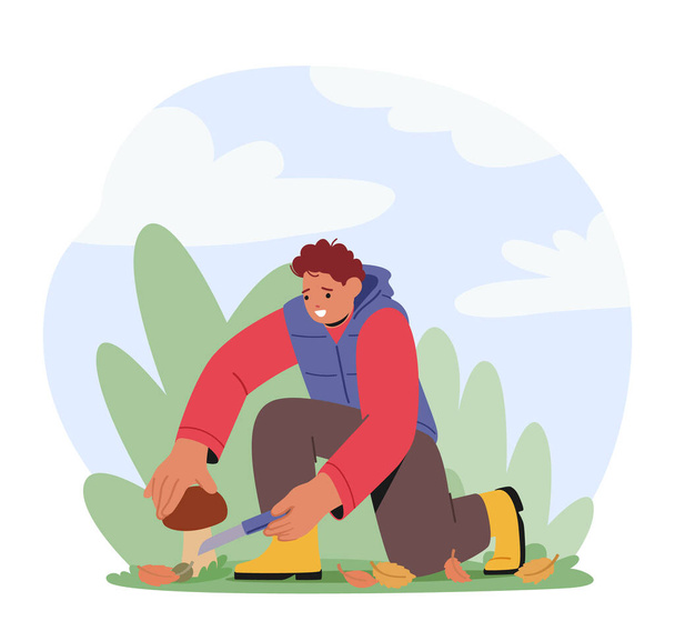 Young Man Ventures Into The Forest To Pick Mushrooms. Male Character Carefully Foraging Among The Trees And Foliage To Discover Edible Treasures of Nature. Cartoon People Vector Illustration - Vector, Image