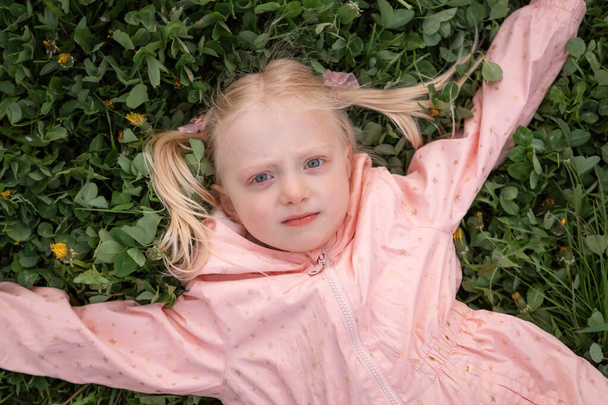 Primer plano retrato de chica rubia caucásica con dos colas de caballo en chaqueta rosa sobre hierba verde. Towheaded pequeña chica fuera - Foto, Imagen