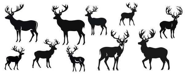 Set of wild deer silhouettes in flat style isolated on white background. Vector illustration - Vector, Image