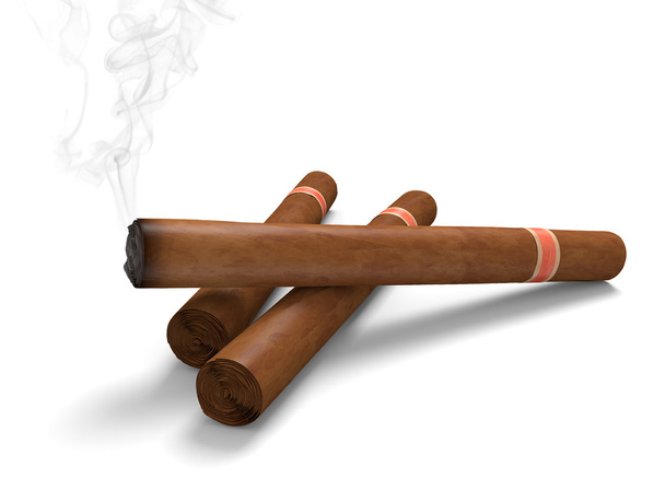 Cigars on a white background, with one emitting smoke - Photo, Image